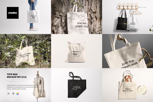 Collage of tote bag PSD mockups, including white and black bags with printed text, hanging and held outdoors.