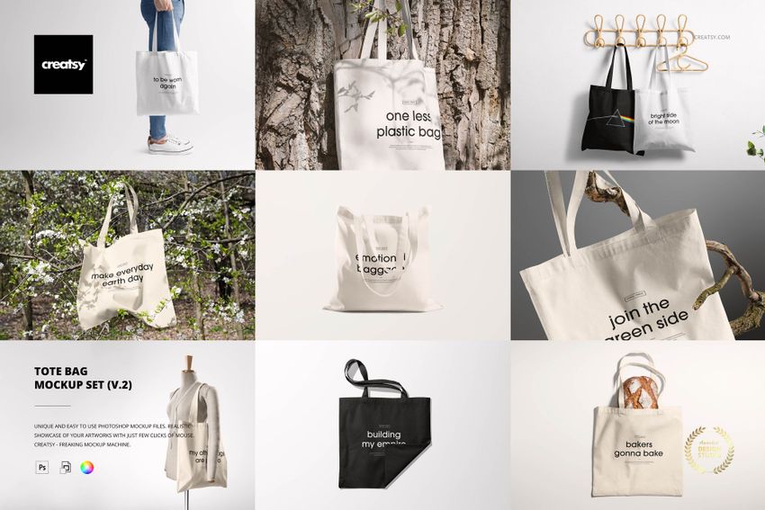 Collage of tote bag PSD mockups, including white and black bags with printed text, hanging and held outdoors.