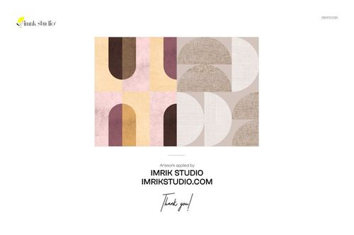 Retro dining corner wallpaper mockup featuring geometric patterns in muted pink, beige, brown, and yellow tones.