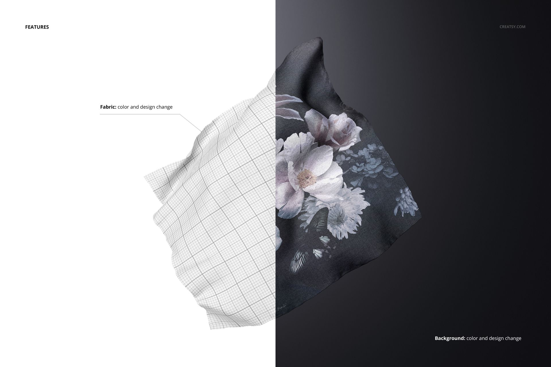 Floating square fabric mockup showing a textile piece with a floral pattern on a dark background and grid overlay split view.