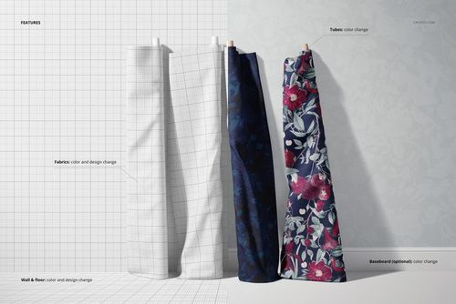 Fabric rolls mockup with varied designs, including plain white, deep blue, and red floral print, set against a pale wall.