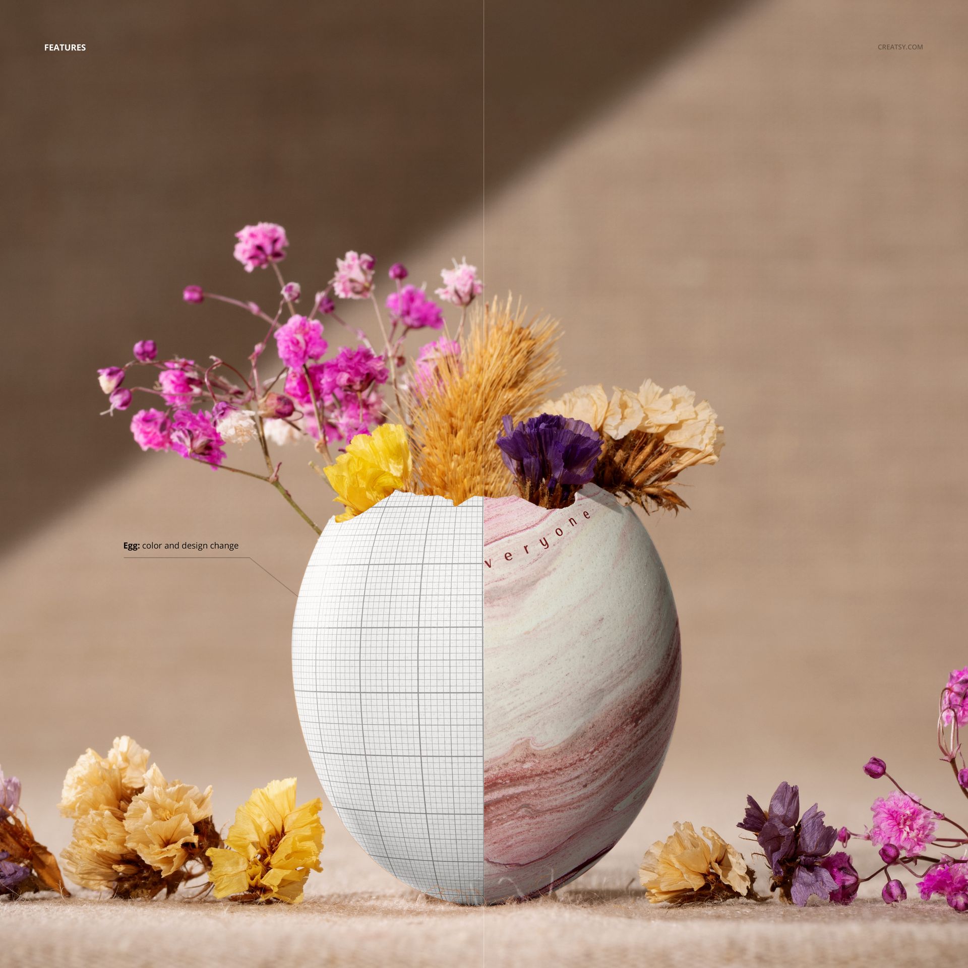 Front view of an Easter egg shell mockup filled with colorful dried flowers, shown on a neutral fabric surface.
