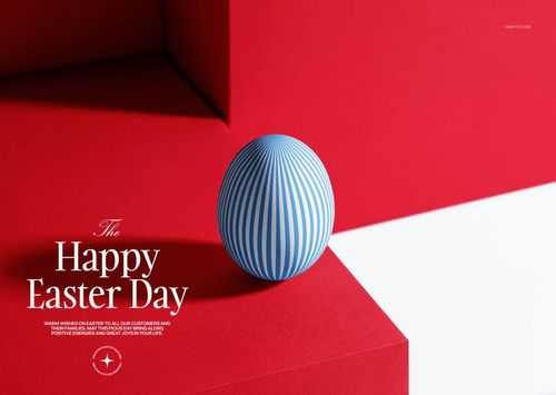 Blue and white striped Easter egg card mockup displayed on geometric red platforms with a minimal background.