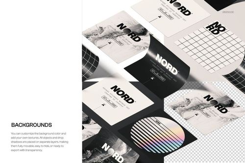 Overhead view of a square sticker set mockup with various black and white designs arranged in a grid pattern.