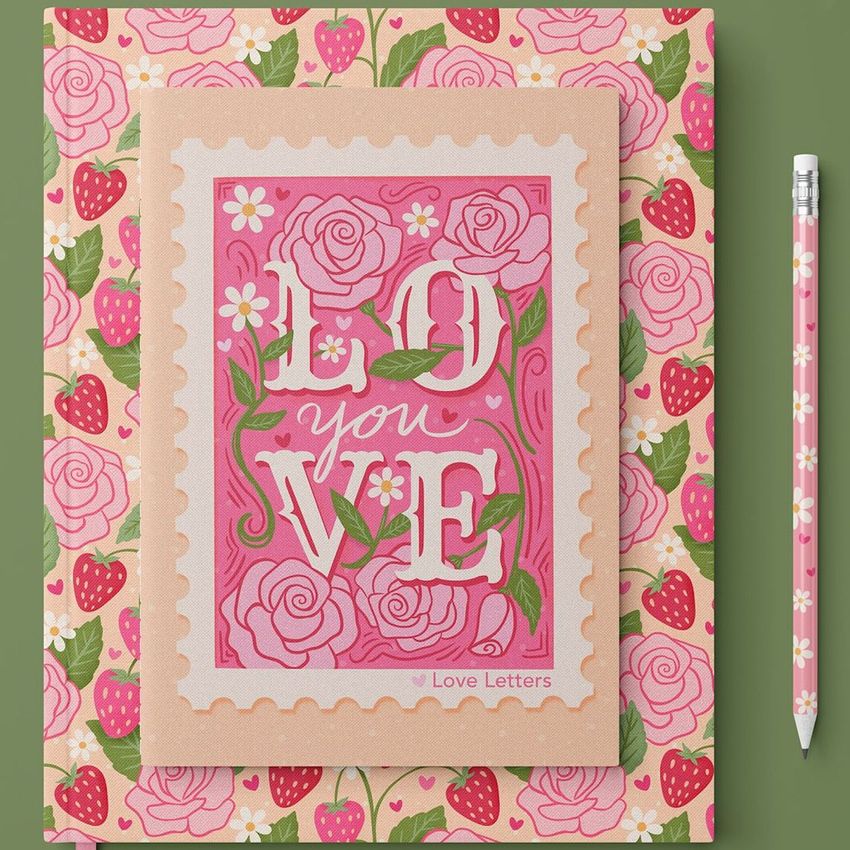 Stationery set mockup featuring a greeting card with pink floral and strawberry patterns, placed on a matching background with a pencil.