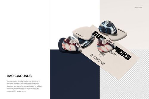 Front view of guitar picks with marbled patterns and solid colors arranged on a rectangular business card mockup.