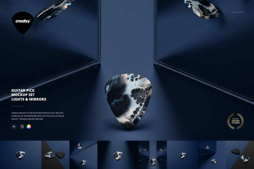 Guitar pick mockup featuring a close-up view of a pick with swirling blue and black design, surrounded by reflections.