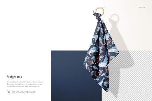 Front view of a muslin cloth wooden teether mockup featuring a blue ocean pattern, displayed on a plain background.