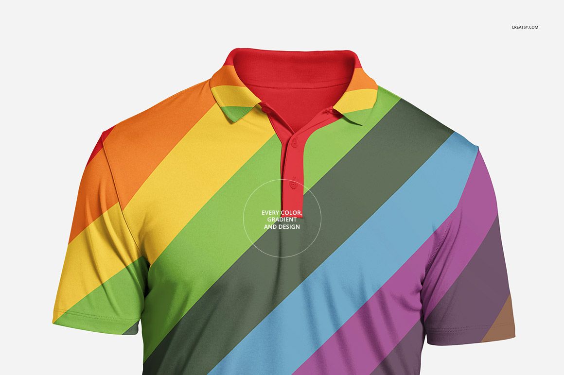 Colorful polyester polo shirt mockup shown from the front, displaying bold diagonal stripes in multiple colors.