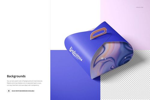 PSD mockup of a curved cake box featuring a blue lid and swirled purple sides, displayed on color-blocked surfaces.