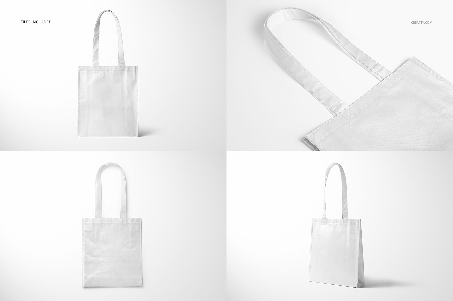 Laminated non-woven tote bag mockup shown in four views, featuring plain white color and custom background.
