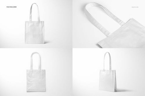 Laminated non-woven tote bag mockup shown in four views, featuring plain white color and custom background.