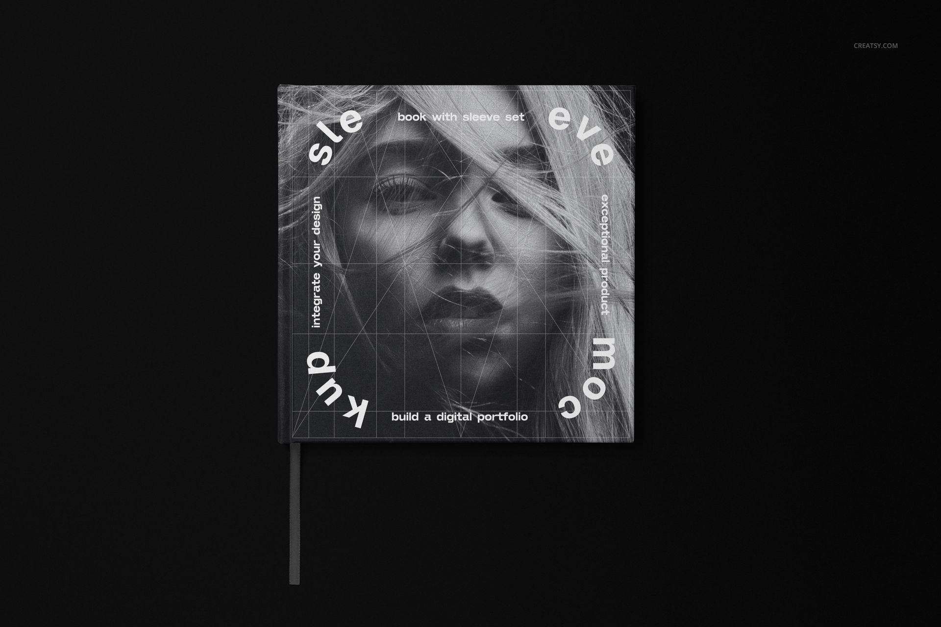 Hardcover book and sleeve mockup set featuring a dark cover with white text and abstract line patterns, top view.