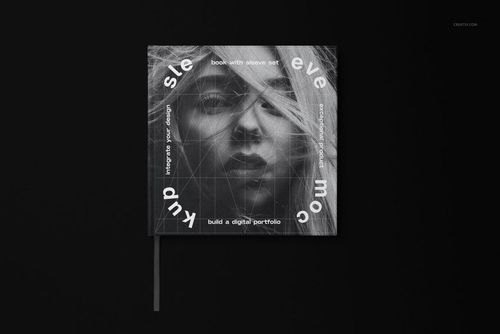 Hardcover book and sleeve mockup set featuring a dark cover with white text and abstract line patterns, top view.