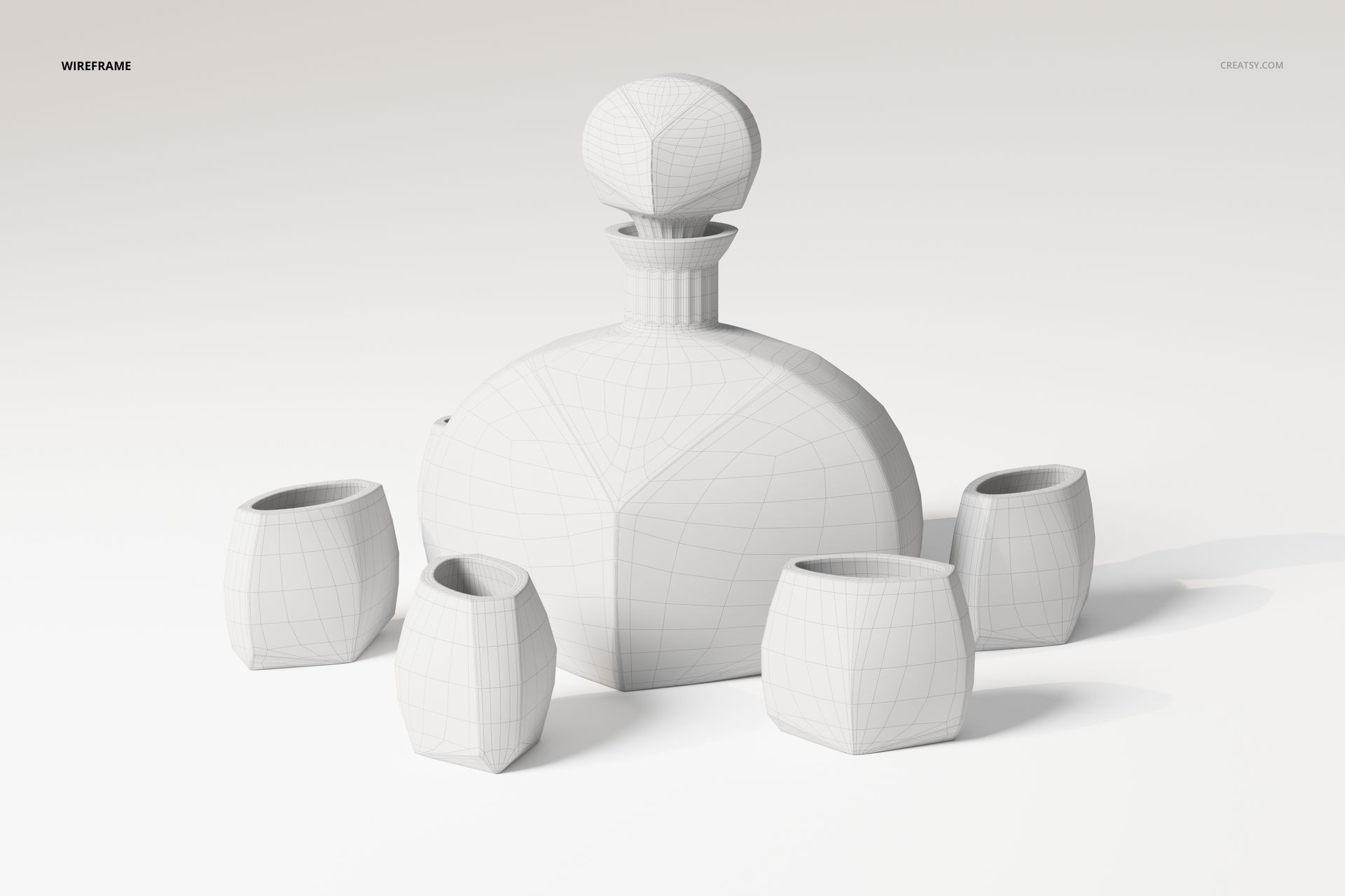 Front view of a retro-style liquor set 3D model in wireframe, featuring a decanter and four matching cups on a plain background.