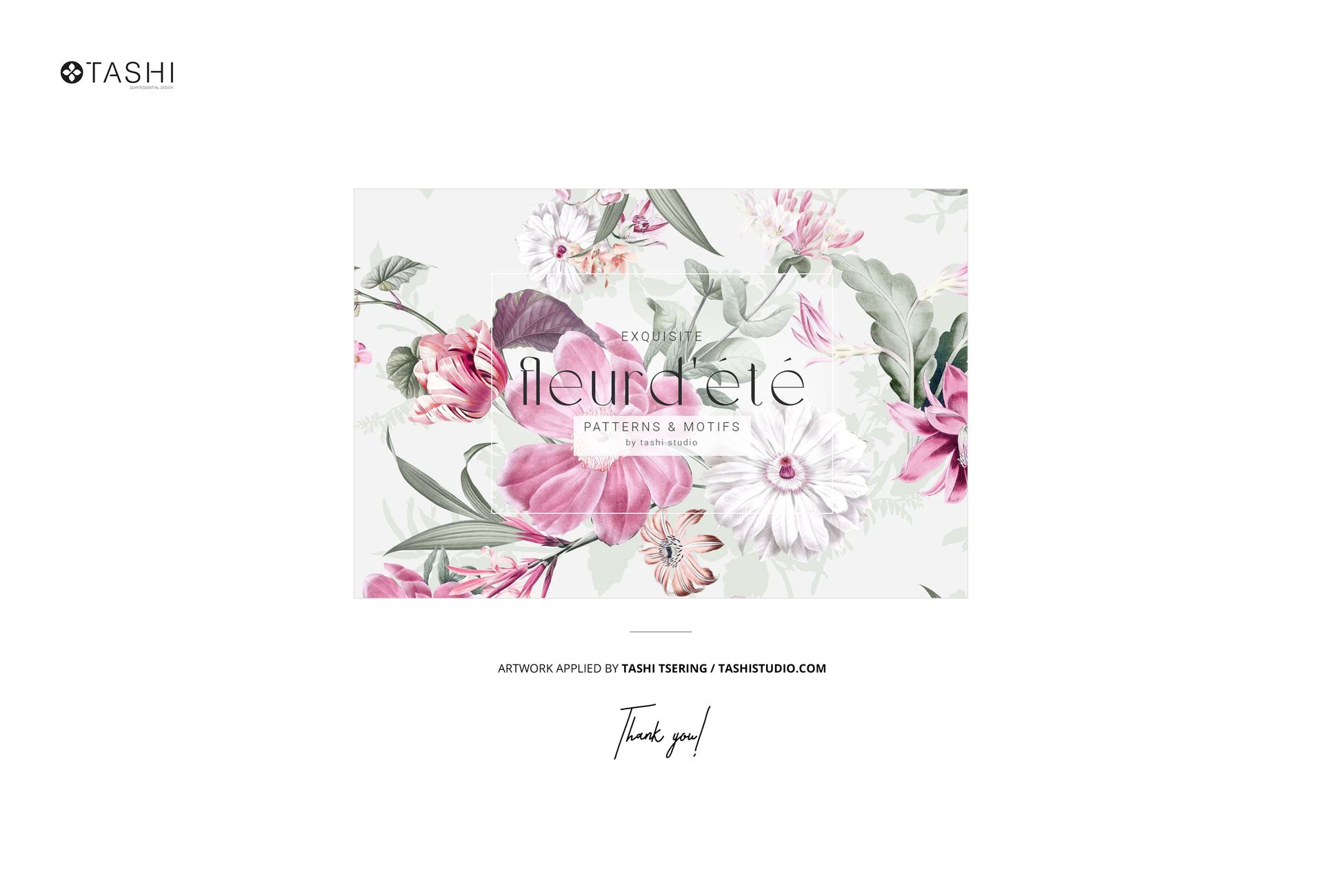 Cotton fabric swatches mockup featuring a floral thistle pattern in pink and green on a light background, front view.
