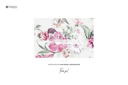 Cotton fabric swatches mockup featuring a floral thistle pattern in pink and green on a light background, front view.