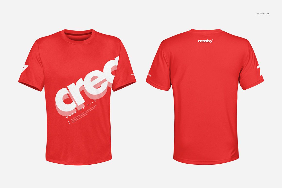 Red short-sleeve polyester T-shirt mockup shown from the front and back, featuring bold white graphic elements.