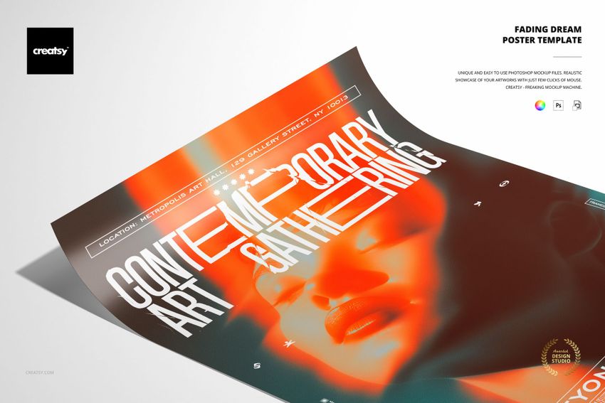 PSD mockup of a contemporary art poster with abstract colors and prominent text, placed against a clean white background.