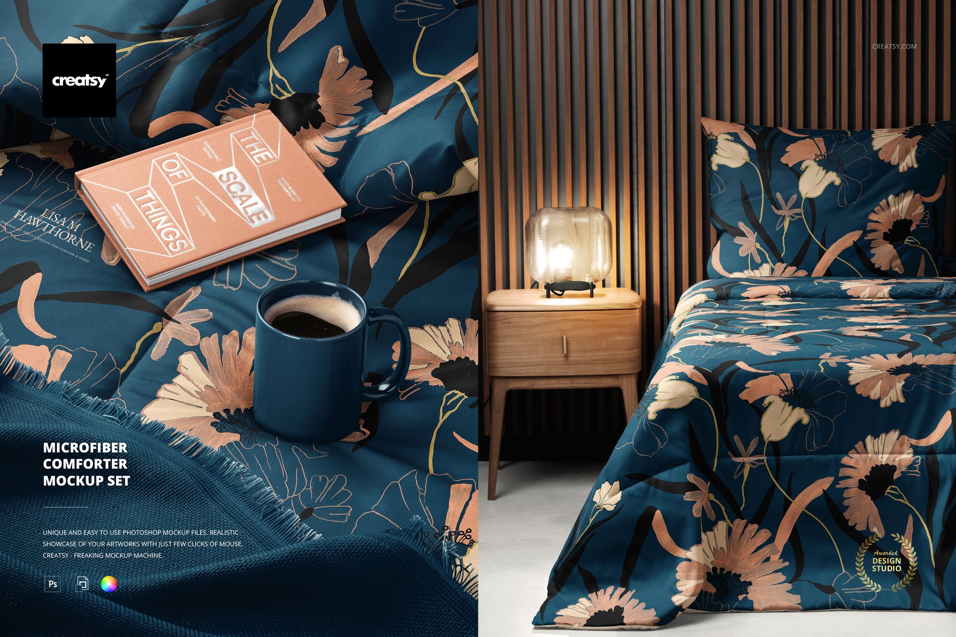 PSD mockup of a microfiber comforter featuring a dark blue background and peach floral design, displayed in a bedroom scene.