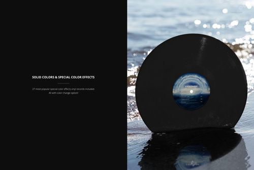 Vinyl record mockup showing a round black disc in the sand by the water’s edge, with sunlight reflecting off the surface.