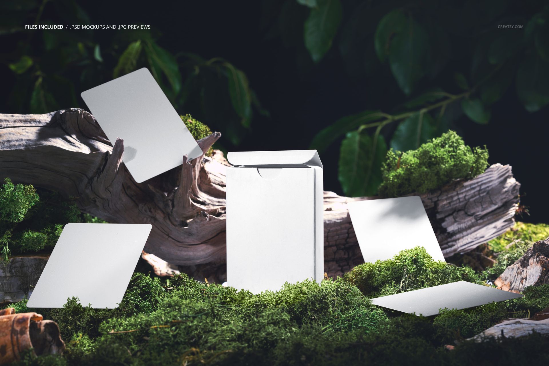 Nature inspired playing cards mockup featuring blank cards and box on mossy wood with a forest background.