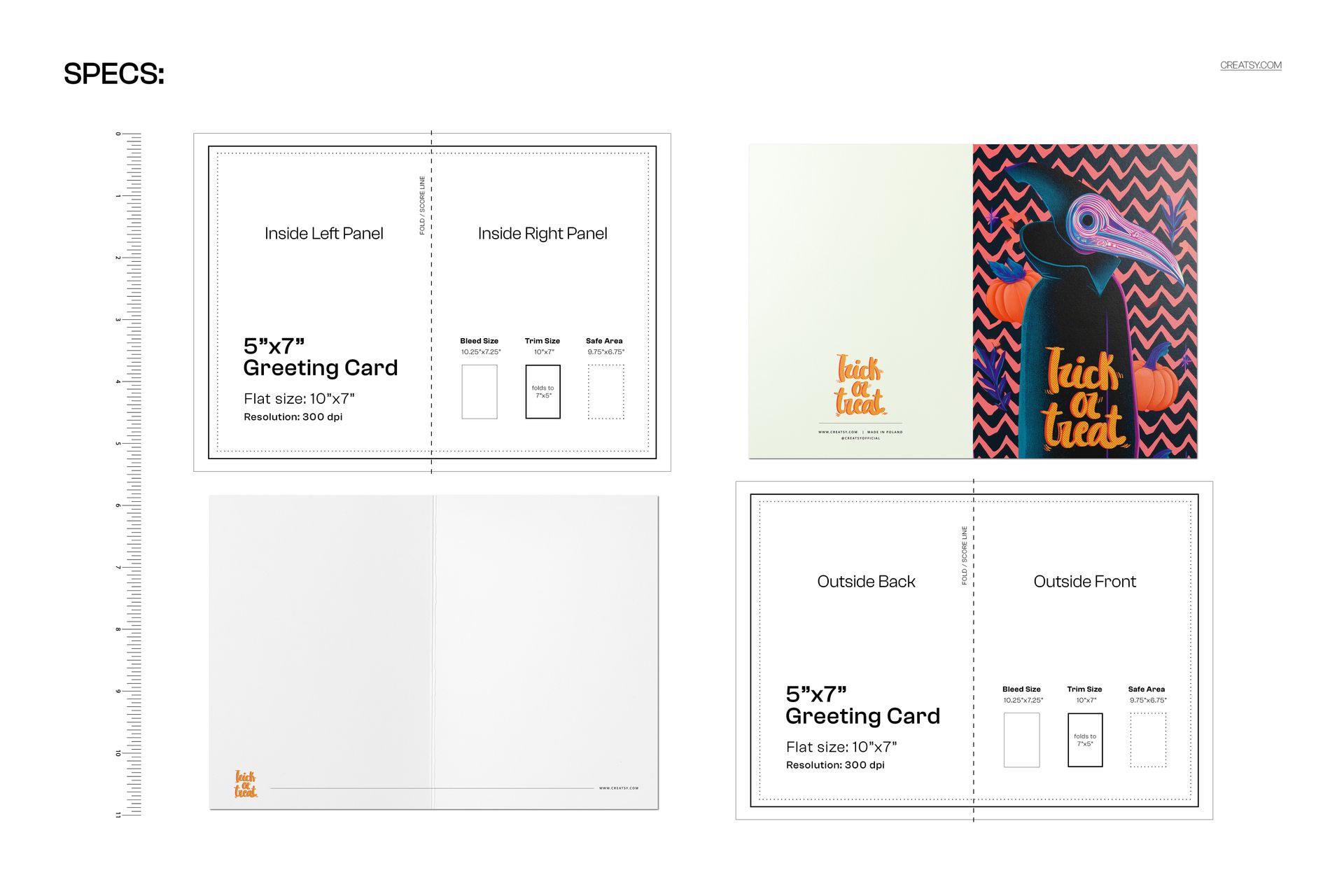 5x7 greeting card mockup featuring a vintage Halloween skull masked figure on the front, with zigzag pattern background.