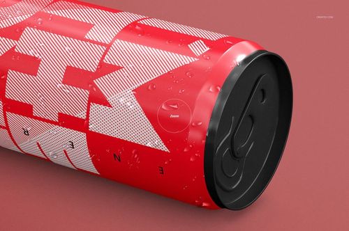 Close-up of a red energy drink can mockup with white graphic pattern, black lid, and visible water droplets.