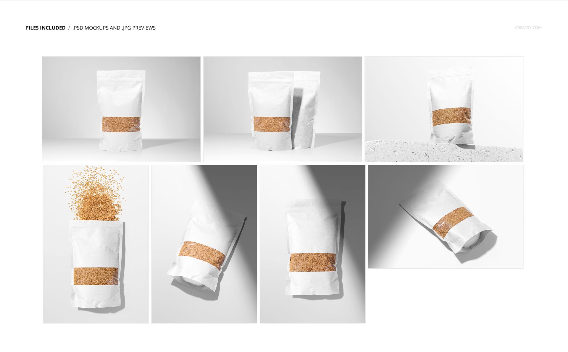 Golden flax seeds paper pouch PSD mockup set featuring sealed and open bags with visible seed texture.
