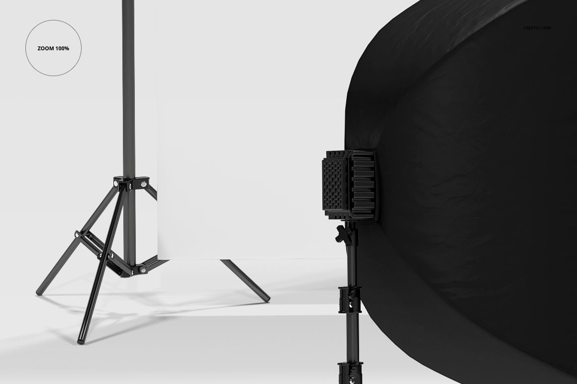 Custom printed backdrop mockup featuring a white screen supported by a tripod stand and a black lighting softbox.