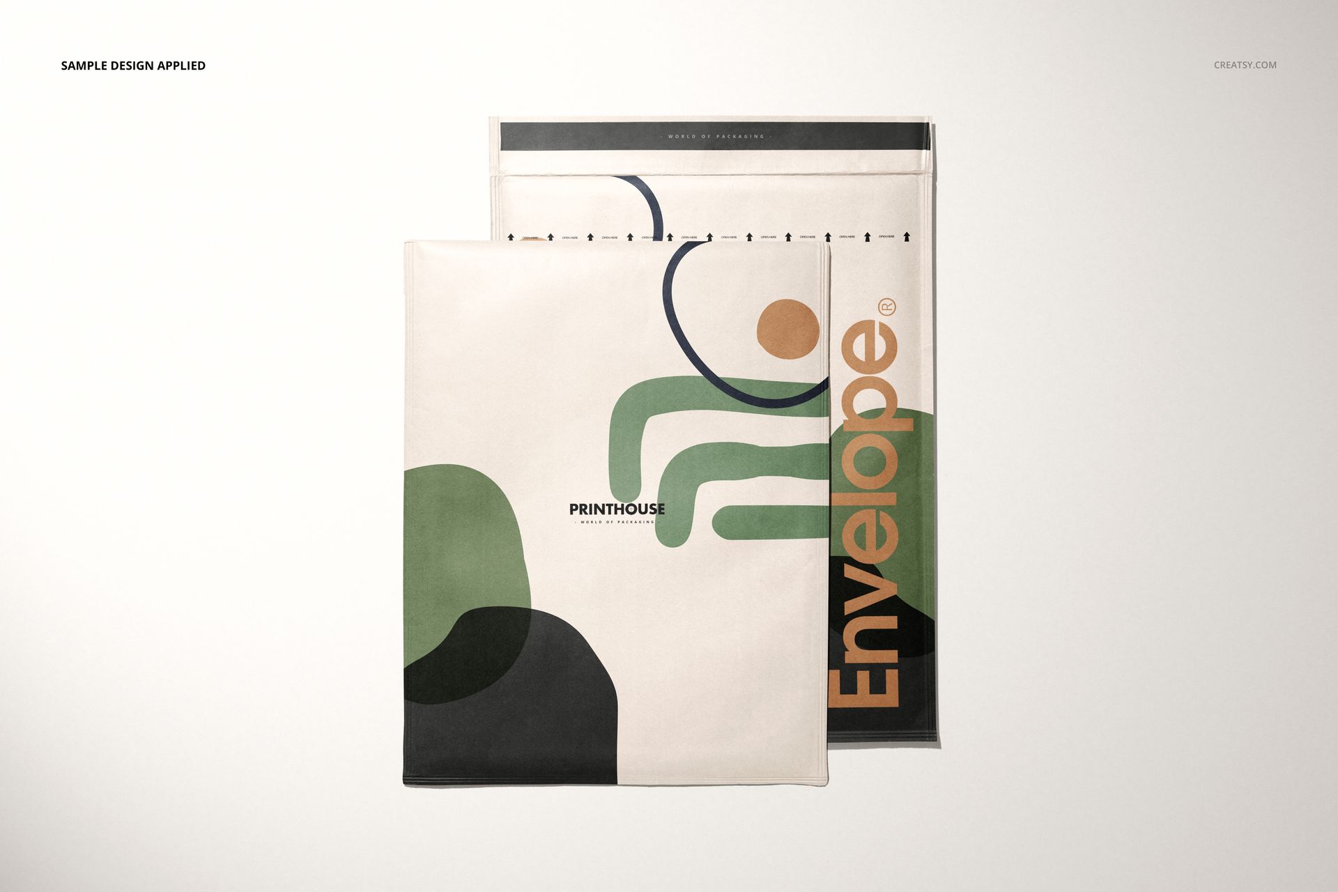 Kraft bubble mailer PSD mockup featuring two envelopes with geometric patterns, displayed on a neutral surface.