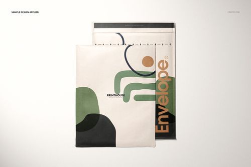 Kraft bubble mailer PSD mockup featuring two envelopes with geometric patterns, displayed on a neutral surface.