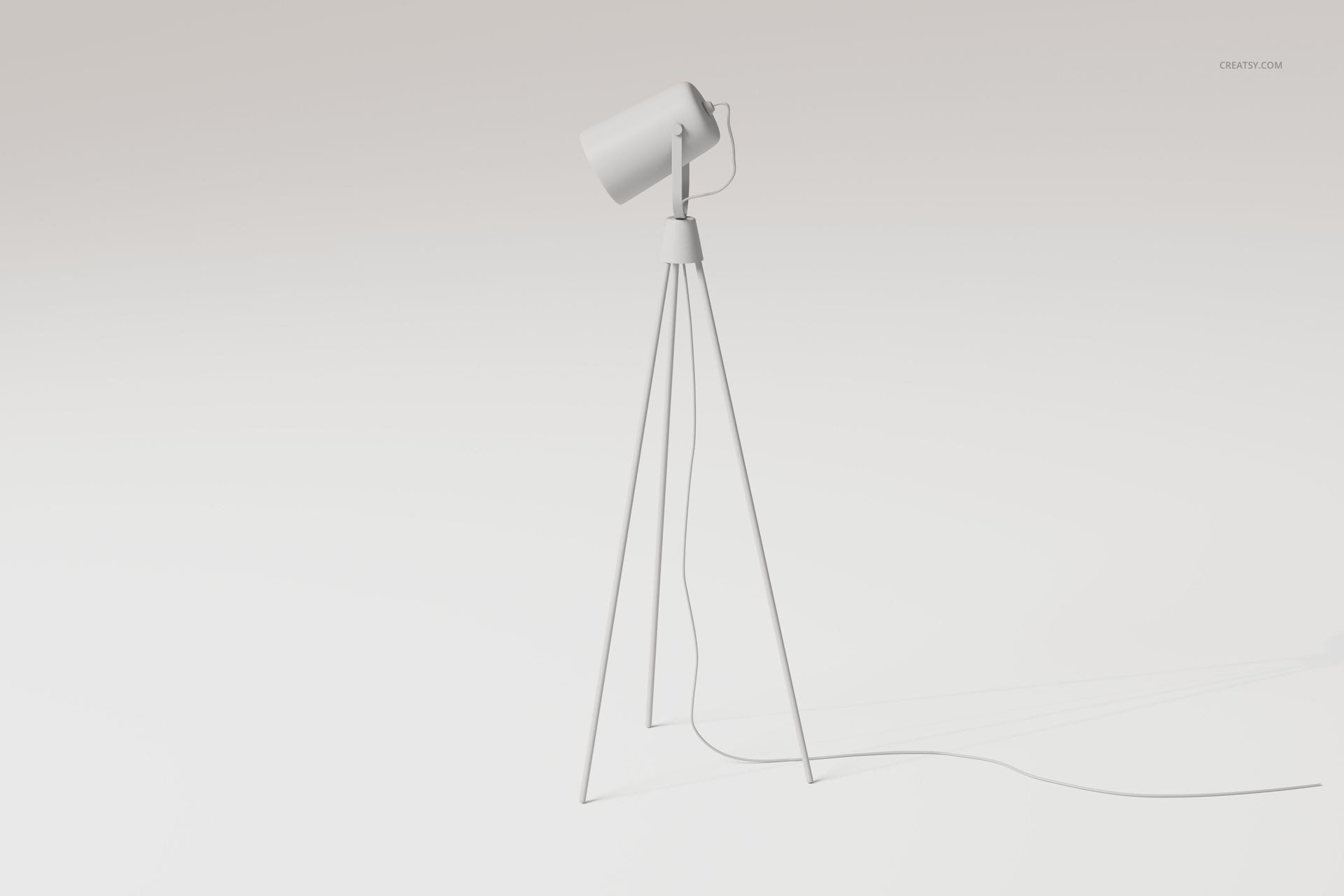Metal tripod lamp with cylindrical shade in matte white, shown from a front angle on a plain light background.