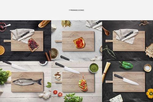 Top view of engraved wooden boards mockup featuring various foods and knives on different natural backgrounds.