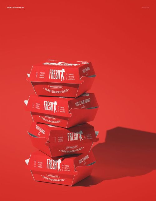 PSD mockup showing a vertical stack of red burger packaging boxes with bold white lettering on a red surface.