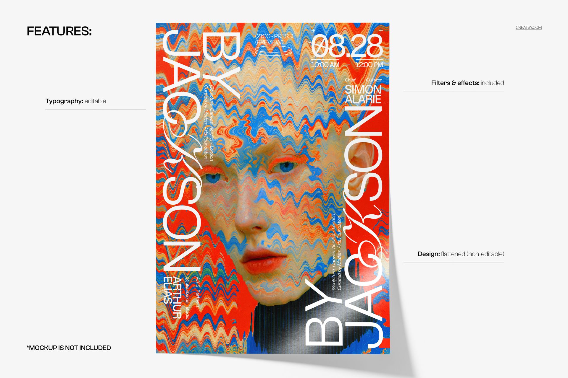 PSD mockup of a poster with vibrant orange, blue, and yellow wavy lines overlaying a human face, shown from the front.