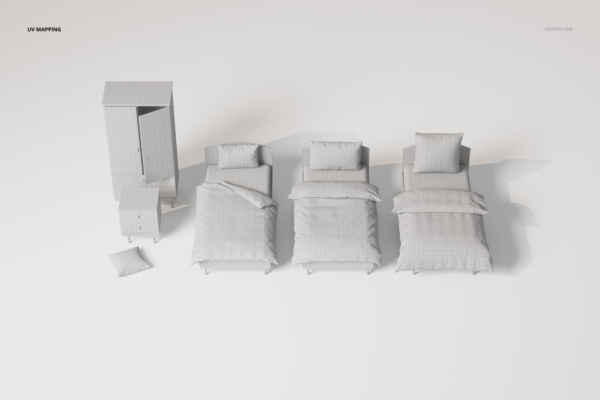 Front view of kids bedroom furniture and bedding set including three beds, wardrobe, nightstand, and pillow in neutral tones.