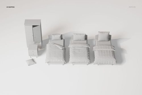 Front view of kids bedroom furniture and bedding set including three beds, wardrobe, nightstand, and pillow in neutral tones.