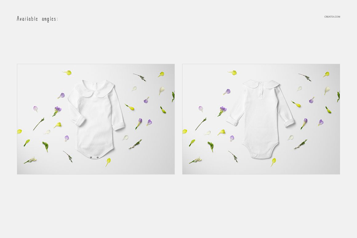 Long-sleeve white baby romper mockup shown flat with floral accents, featuring front and back perspectives.