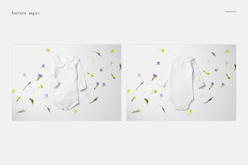 Long-sleeve white baby romper mockup shown flat with floral accents, featuring front and back perspectives.