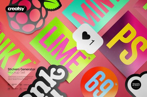 Colorful sticker mockup set displayed on a pink background, featuring various shapes and bold text designs.
