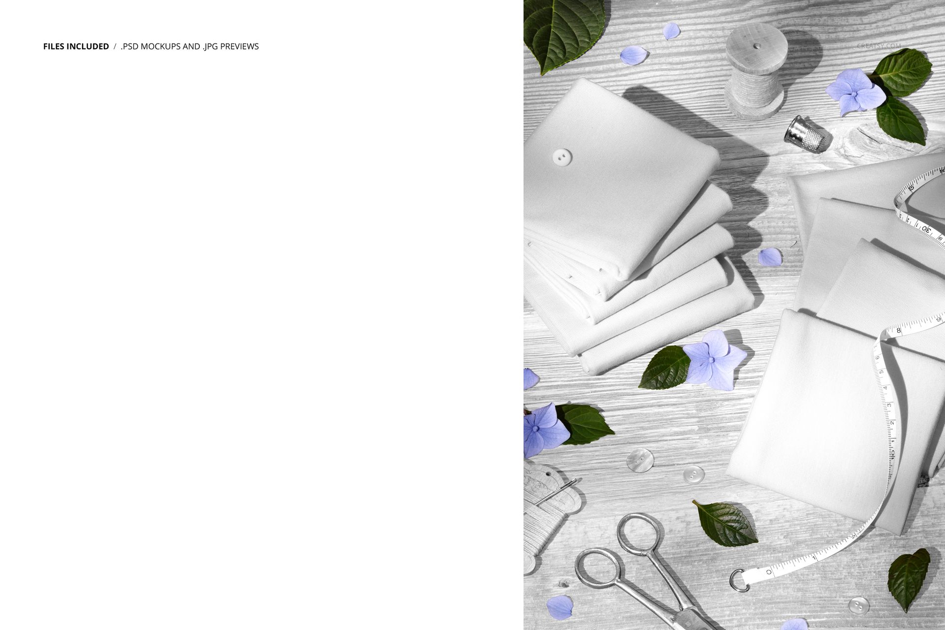 Jersey Fabrics on Wooden Table with Flowers Mockup - mockup screenshot 2