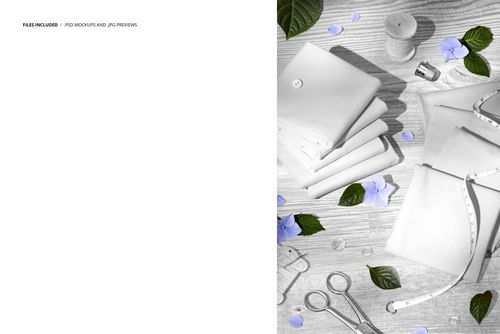 Jersey fabric mockup arranged on a wooden surface, surrounded by sewing accessories, blue flowers, and leaves.