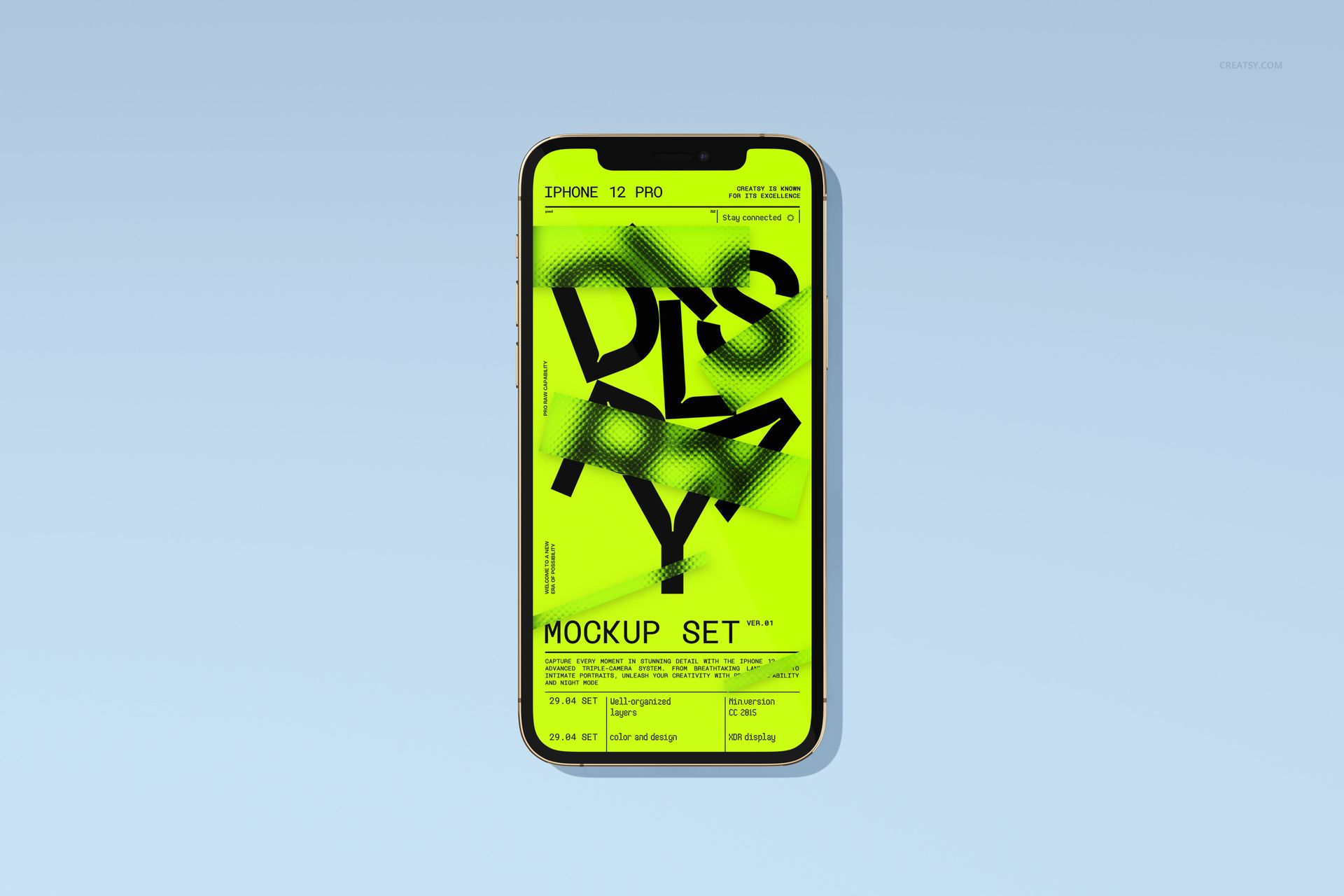 Single iPhone 12 Pro mockup with a vivid yellow and black design on the display, shown on a plain blue backdrop.