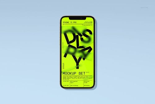 Single iPhone 12 Pro mockup with a vivid yellow and black design on the display, shown on a plain blue backdrop.
