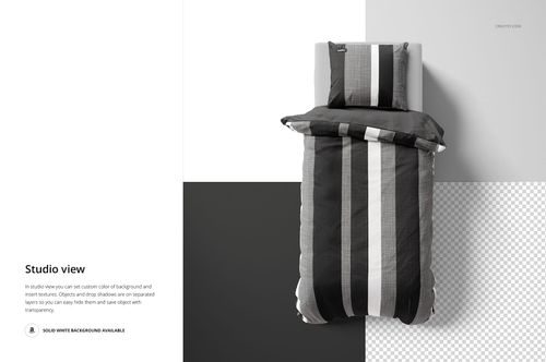 Top view of a single bed bedding mockup featuring striped pillow and duvet in black, gray, and white tones.
