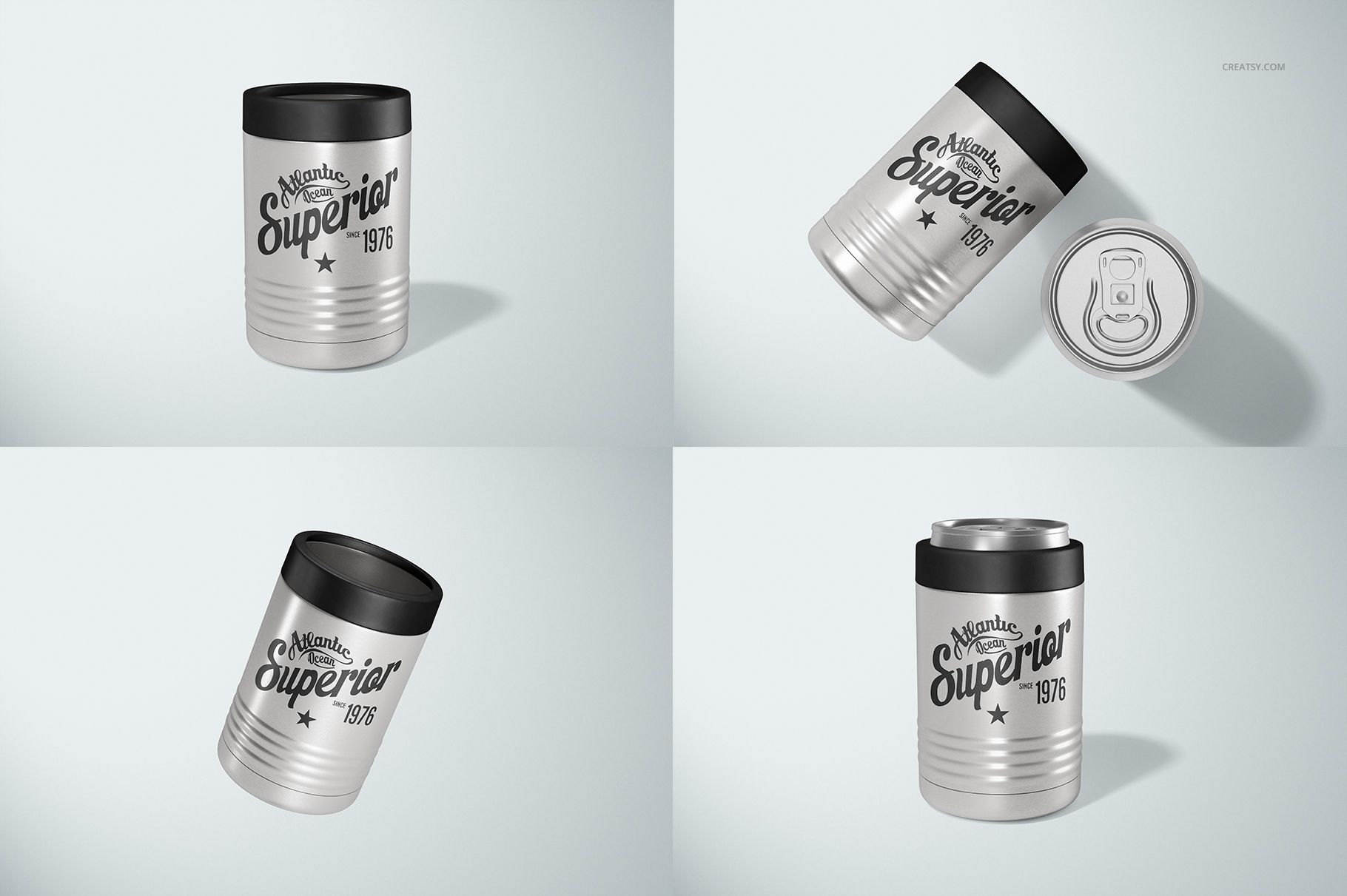 Stainless steel beverage can holder cooler mockup shown from multiple angles, featuring engraved text and black lid.