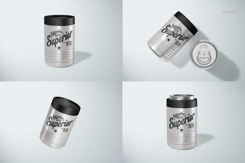 Stainless steel beverage can holder cooler mockup shown from multiple angles, featuring engraved text and black lid.