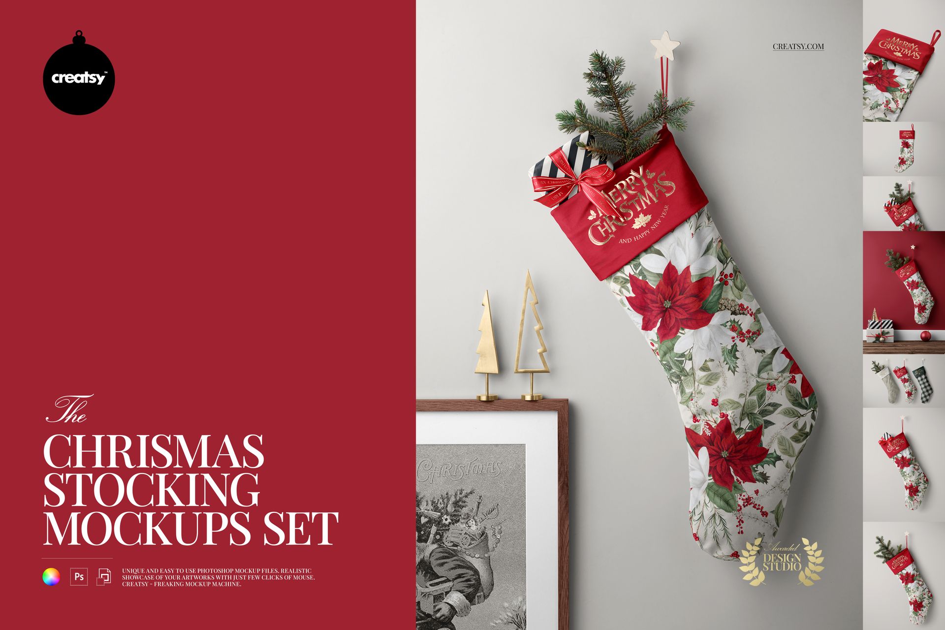Christmas stocking mockup with red cuff and floral pattern, filled with gifts and pine branches, front view on wall.