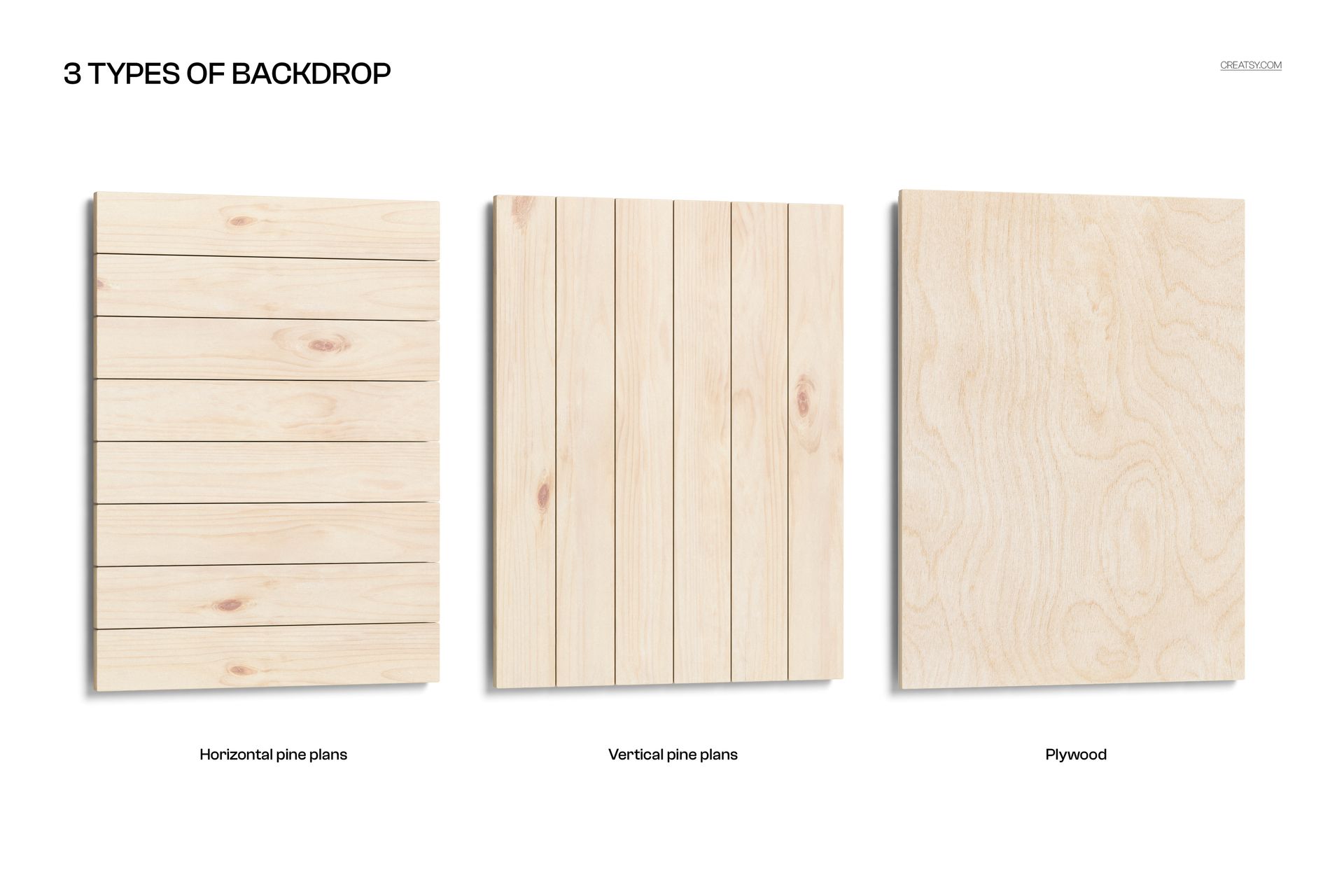 Three wall art mockup panels with light wood textures, showing horizontal planks, vertical planks, and plywood backdrop.